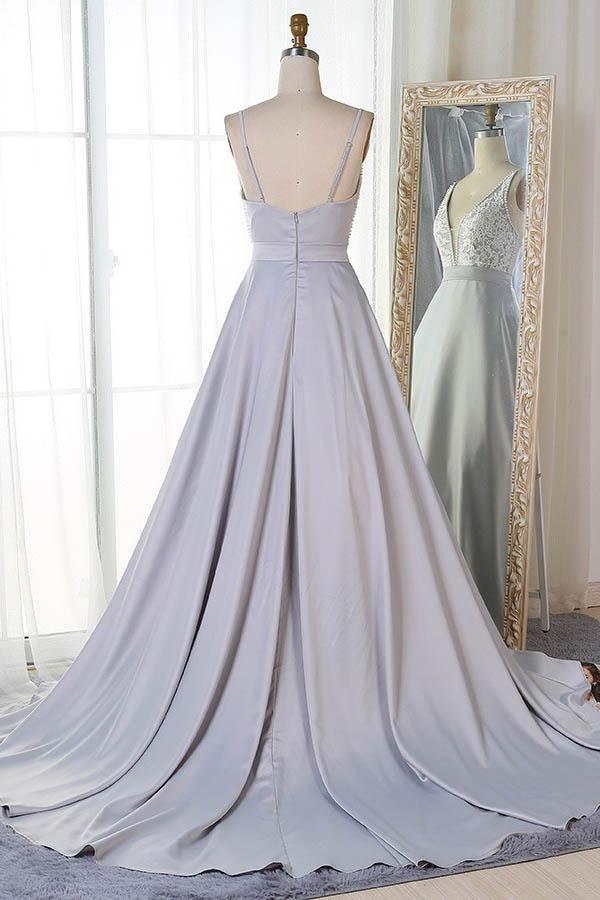 Back view of A-line V-neck satin prom dress with sweep train.