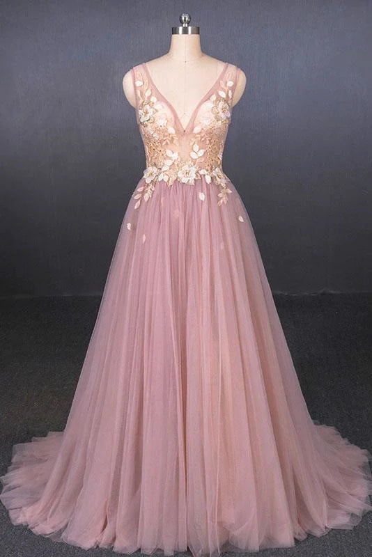 Elegant A-Line V-Neck prom dress with appliques and tulle fabric, shown from the front.