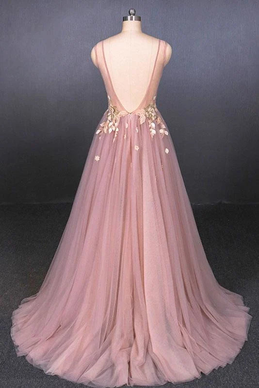 Back view of the A-Line V-Neck appliques tulle dress, perfect for formal occasions.