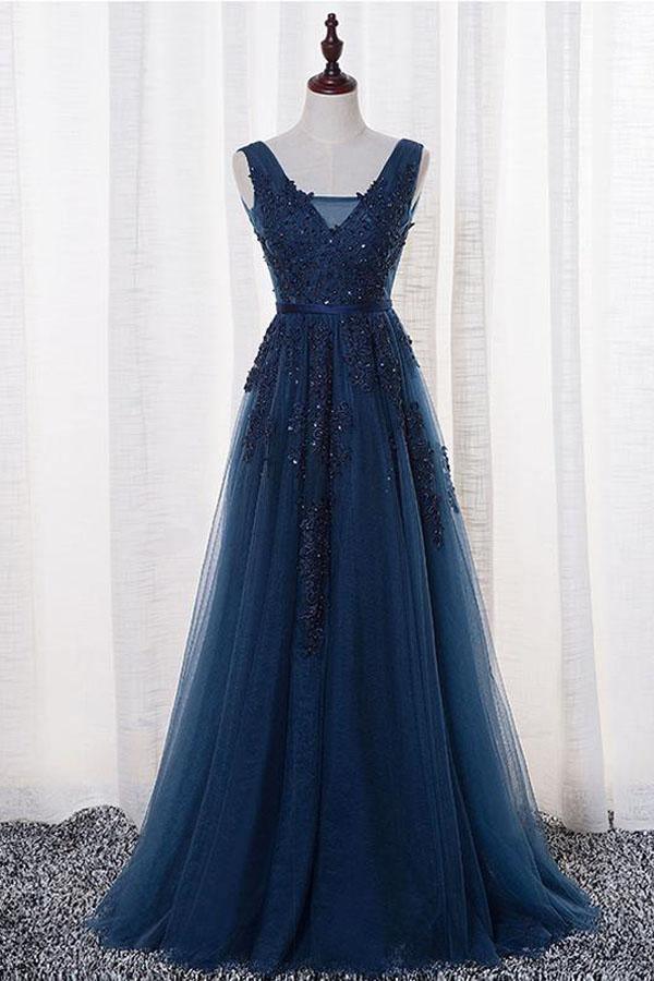 A-Line V-Neck floor length prom dress with intricate appliques on tulle fabric.