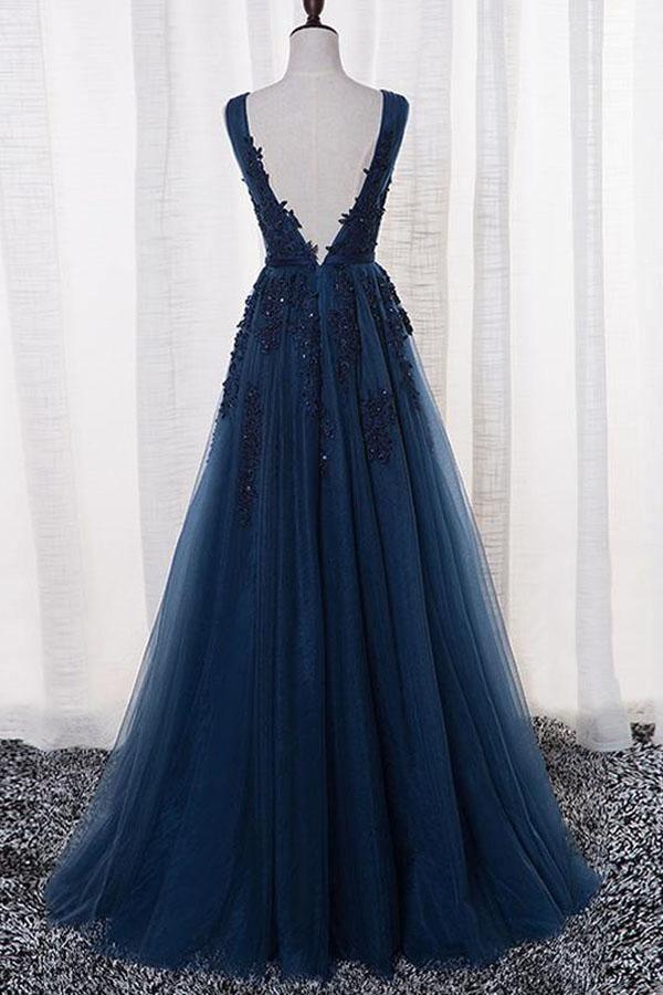 Full view of the elegant A-Line V-Neck prom dress, showcasing appliques and flowing tulle.