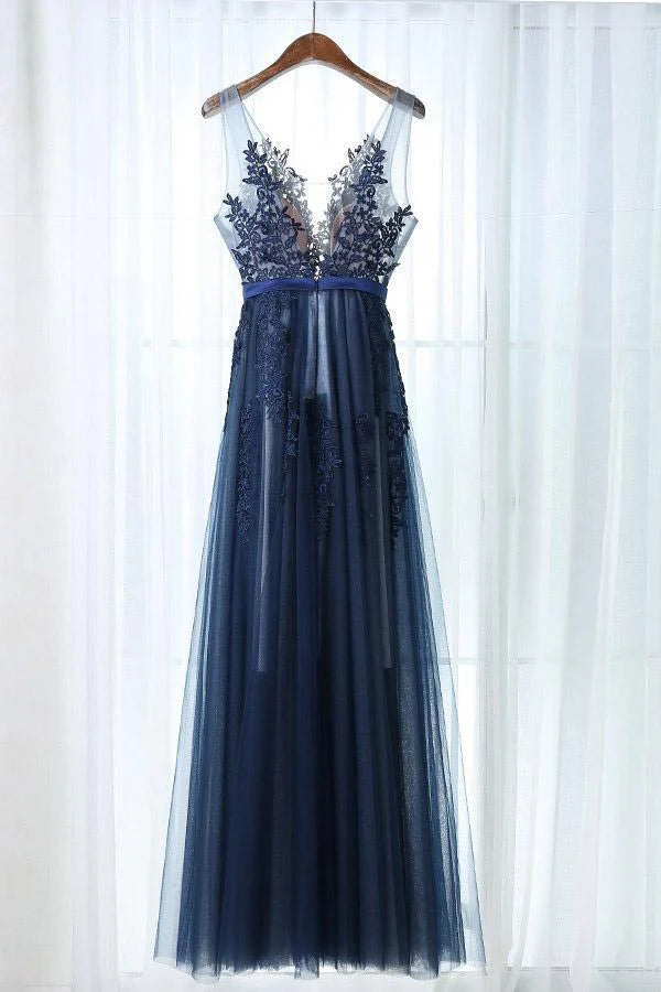 Navy blue A-line V-neck tulle prom dress with delicate appliques.