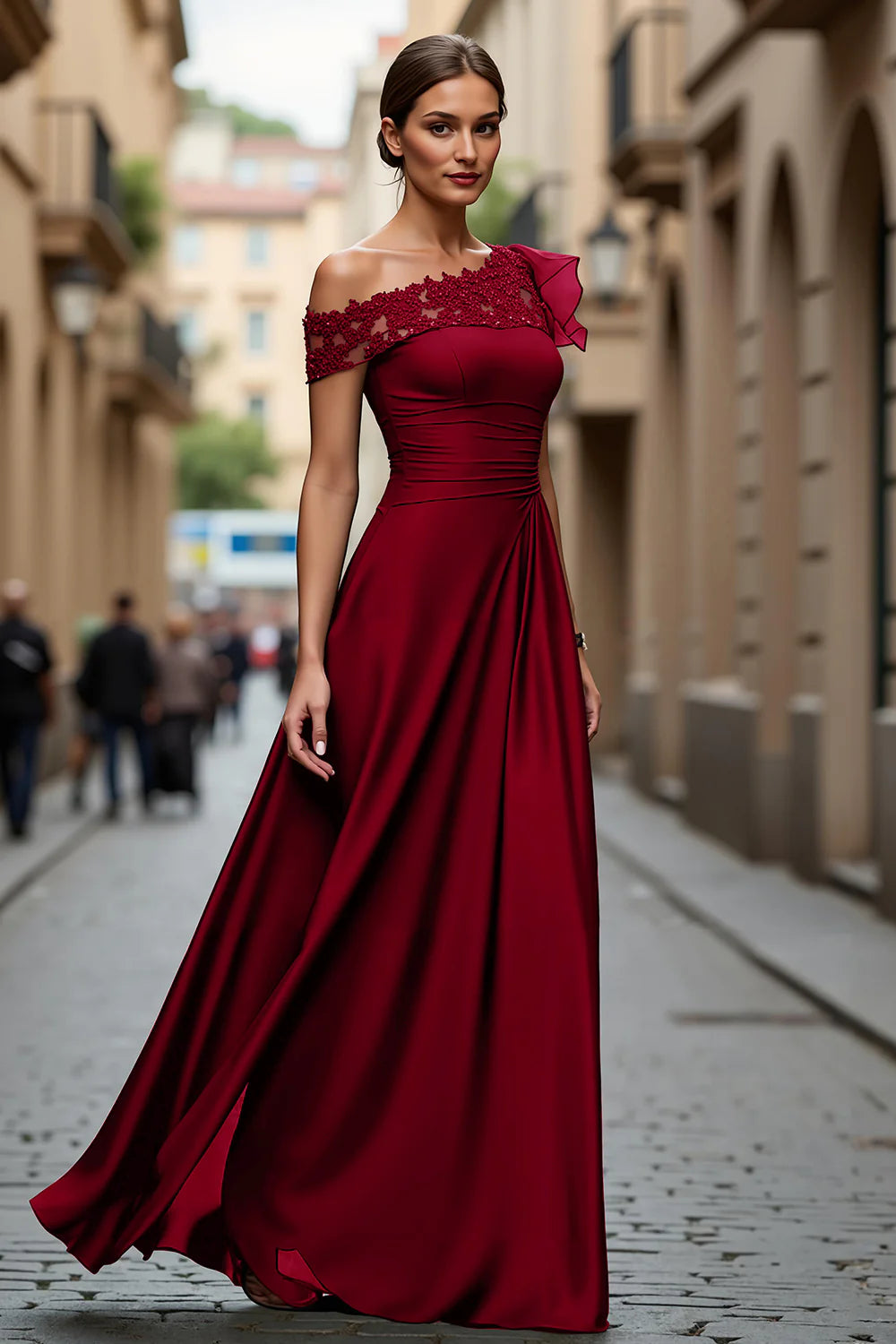 Model wearing black A-line prom dress, front view.