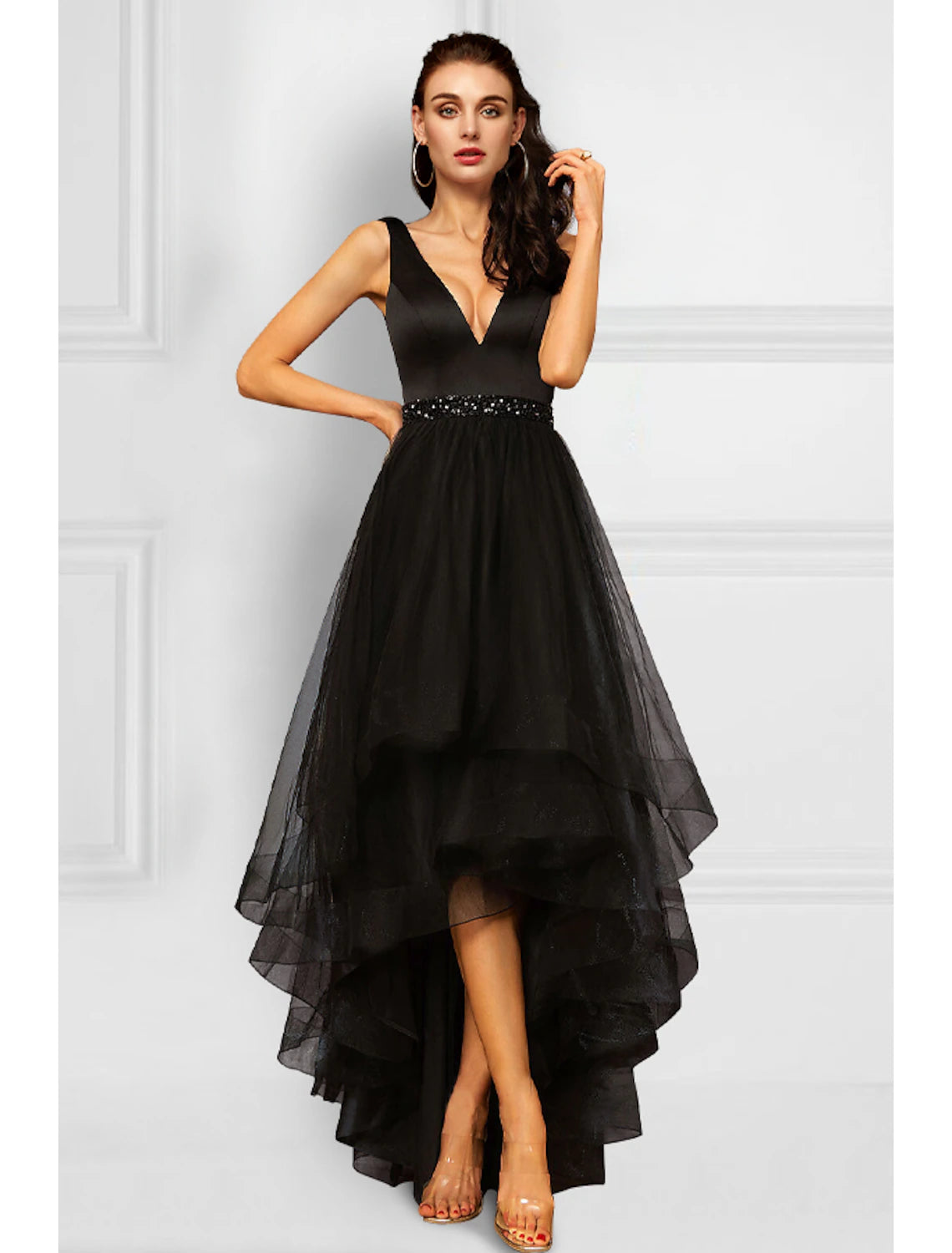 Elegant A-line V-neck cocktail dress with rhinestone ruffles.