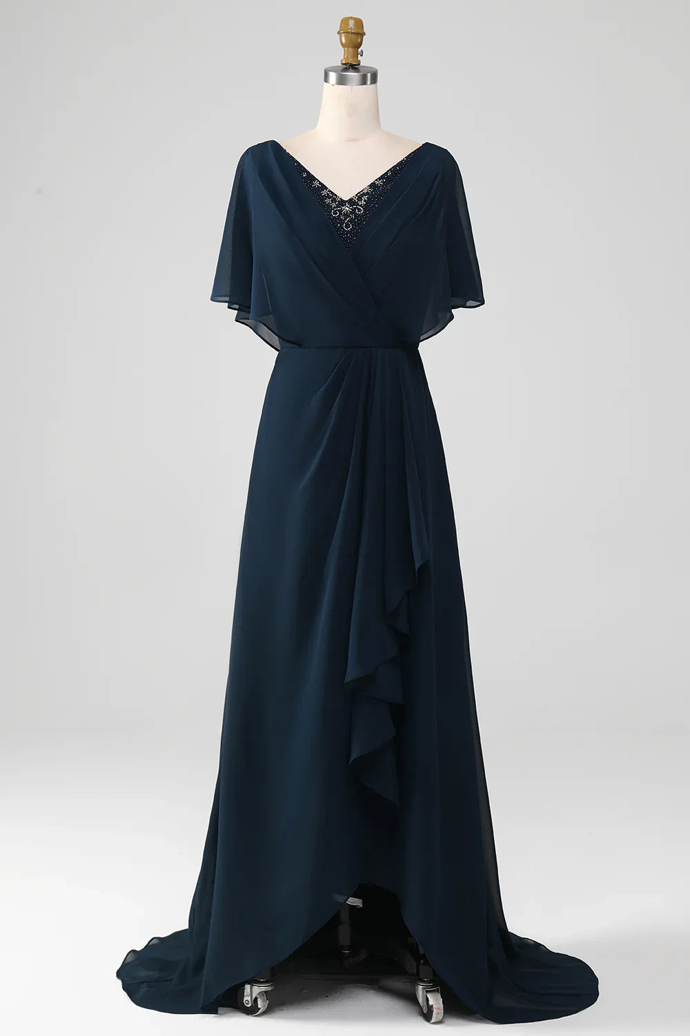 Elegant A-Line V-neck Mother of the Bride dress with sequins and beading.