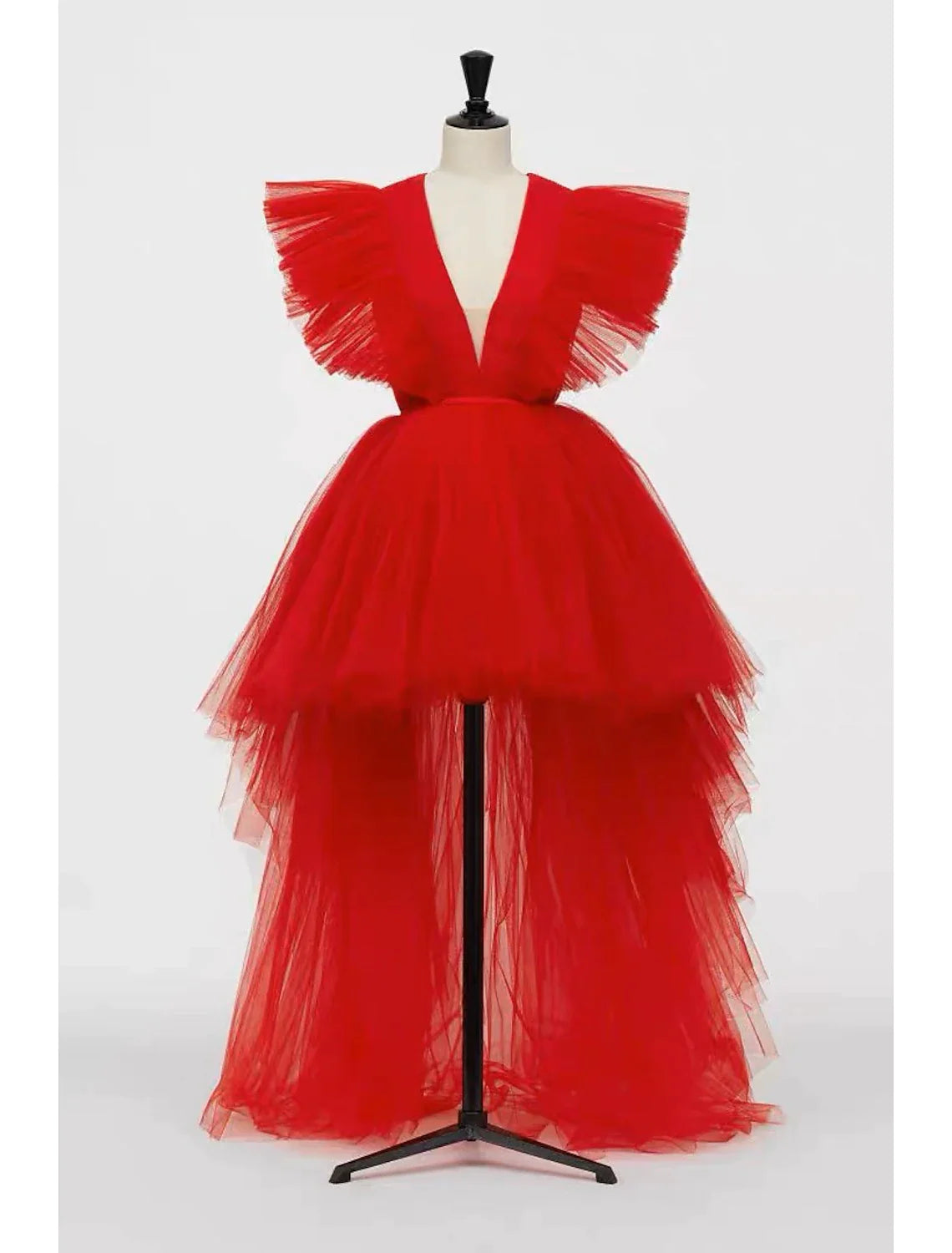 Elegant A-Line V-Neck Tulle Prom Dress with asymmetrical fringe in red.