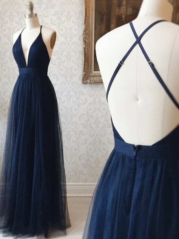Elegant A-line V-neck backless prom dress.