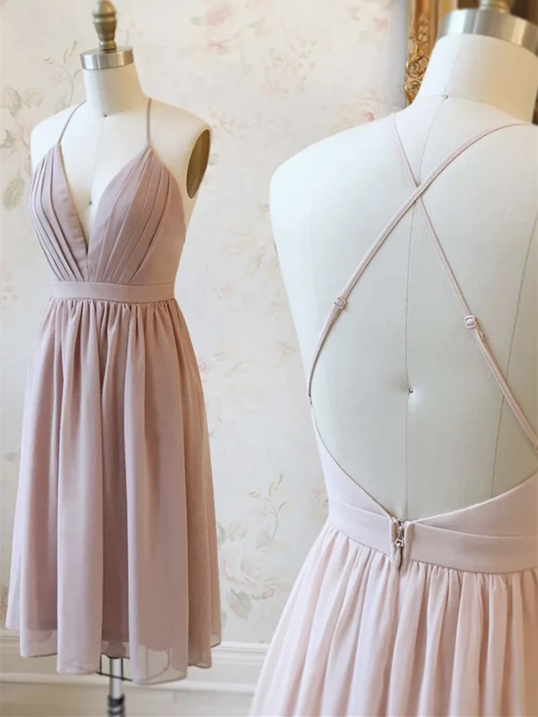 Short V-neck backless A-line chiffon dress.