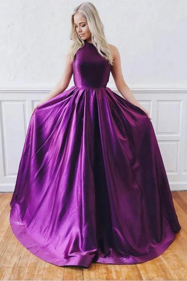 Front view of a purple A-line satin prom dress with V-neck.