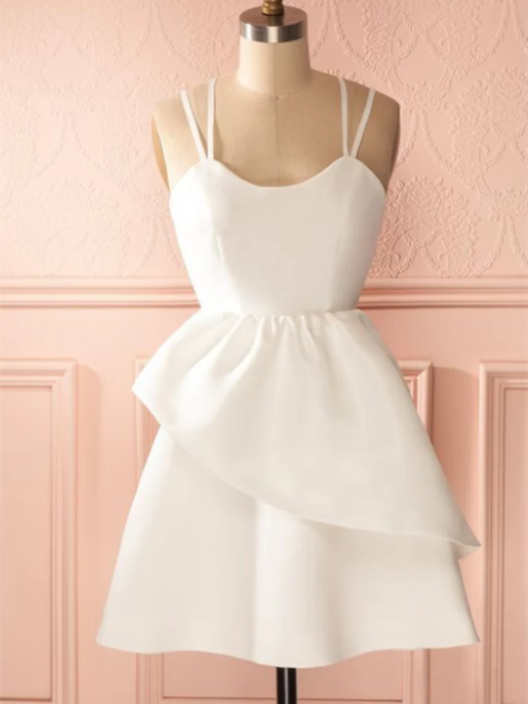 Elegant A-line short prom dress with V-neck, double shoulder straps, and backless design.