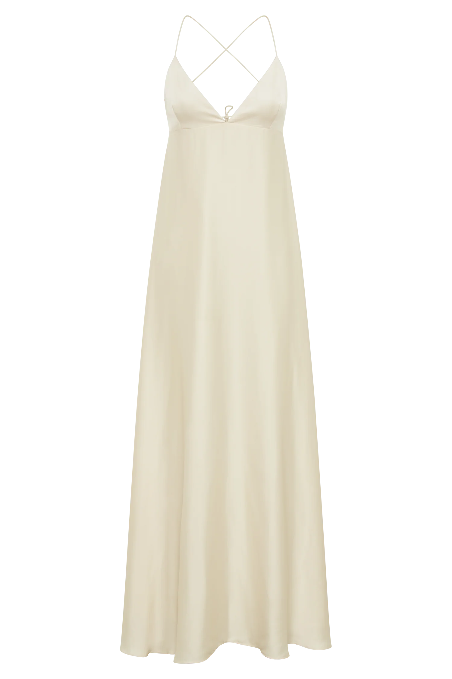 Model wearing the floor-length A-line prom dress with spaghetti straps.