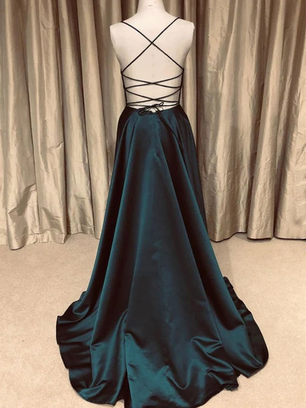 Back view of the A-line V-neck backless long formal gown.
