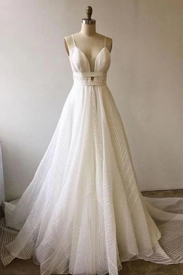 Full view of an elegant A-line V-neck backless lace prom dress with a court train.