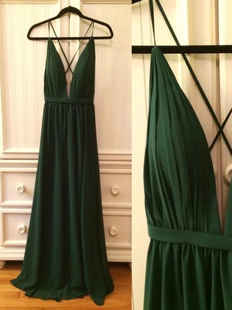Elegant A-line V-neck backless long prom dress on a model.
