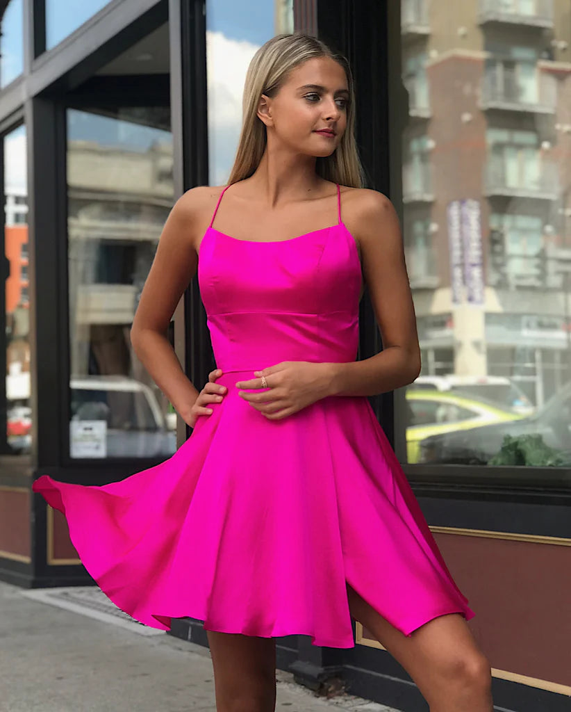Side view of an elegant pink homecoming dress.