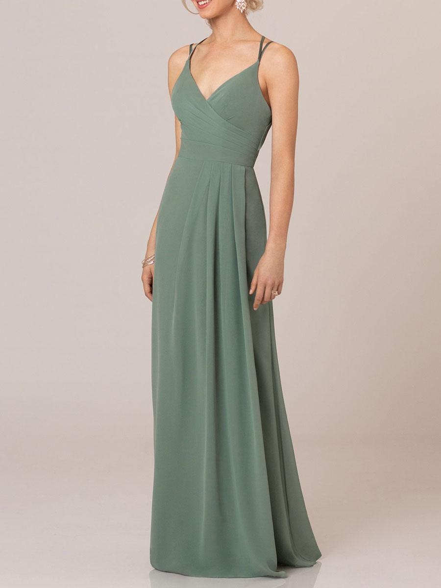 Elegant A-line V-neck chiffon bridesmaid dress, front view.