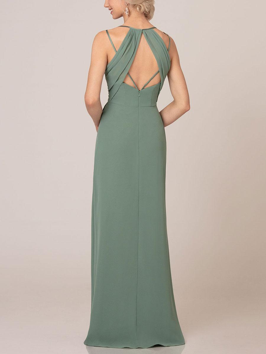 Back view of the A-line V-neck pleated chiffon formal dress.