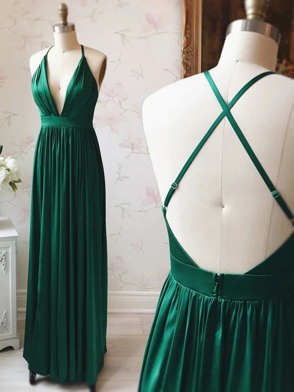 Elegant A-line V-neck backless pleated long prom dress in dark blue.