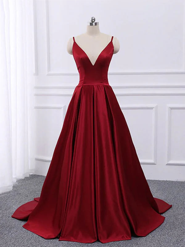 Elegant A-line V-neck satin prom dress with spaghetti straps and a backless design.