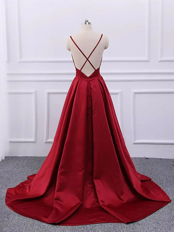 Back view of an A-line V-neck satin long dress, showcasing the backless detail.