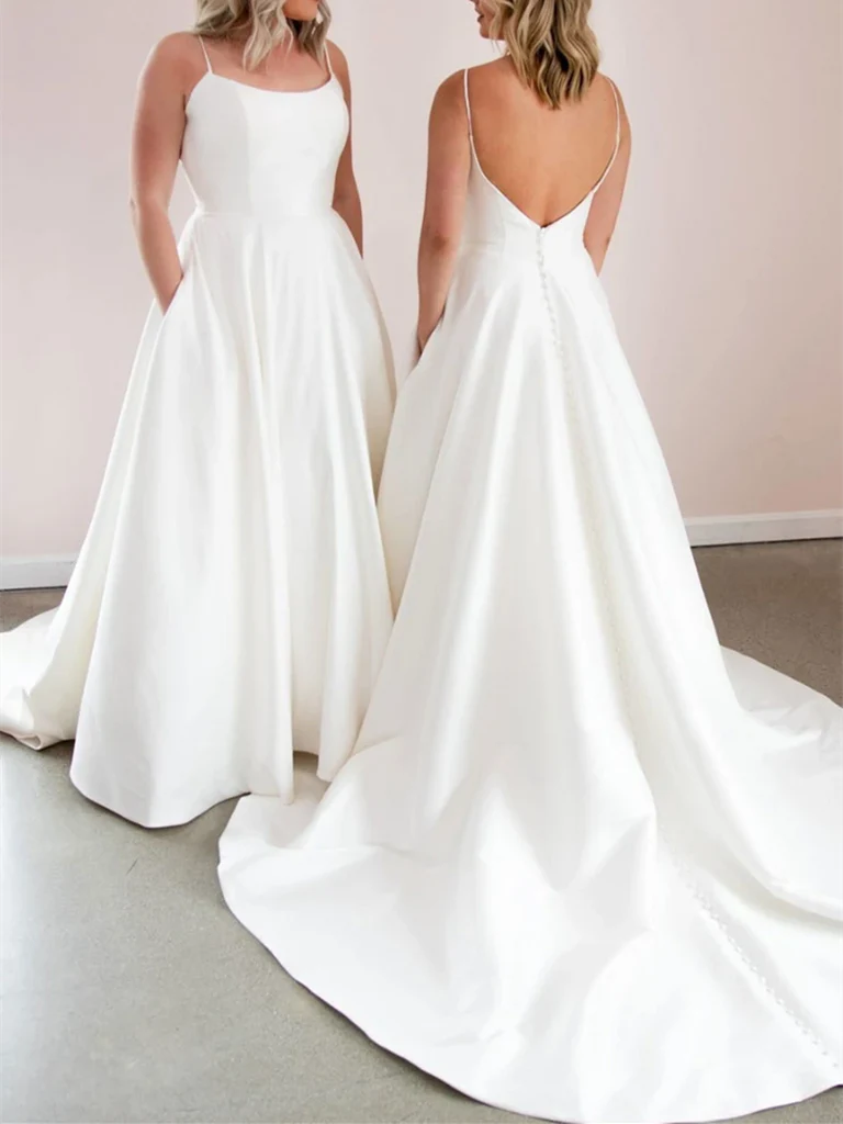 Elegant A-line V-neck backless satin long wedding dress.