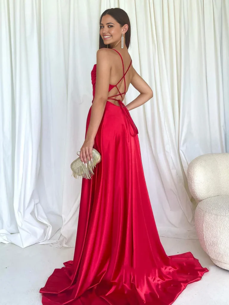 Back view of the long satin prom dress showcasing the open back design.