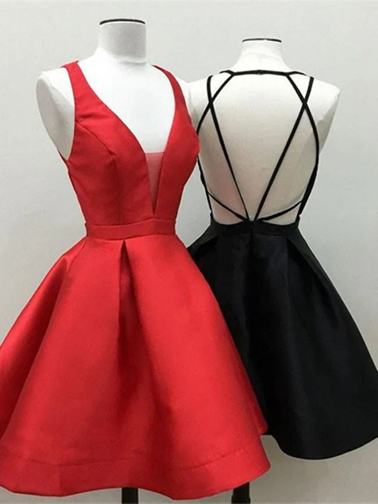 Model wearing a short A-line V-neck backless homecoming dress.
