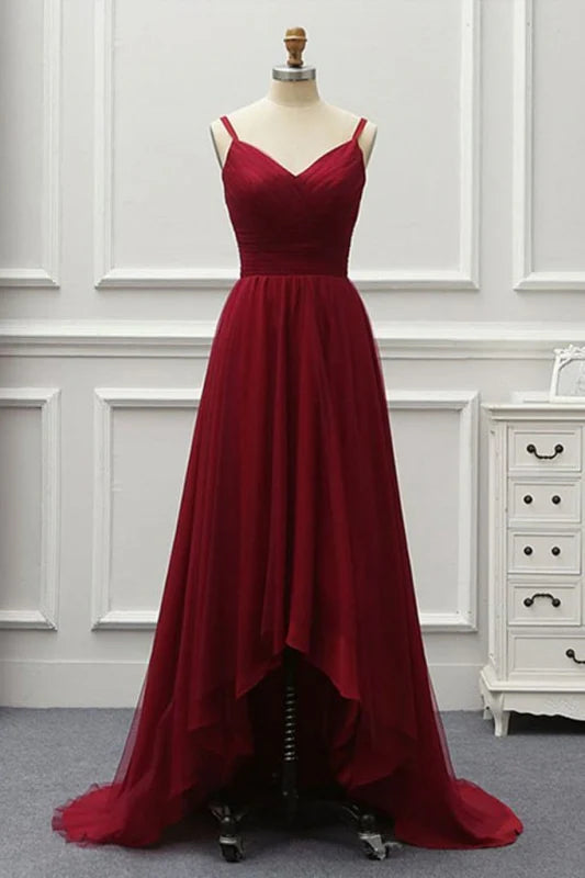 Elegant A-line high-low tulle prom dress with V-neck and backless design.