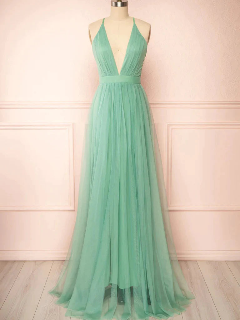 Full view of an elegant A-line V-neck backless tulle long prom dress.