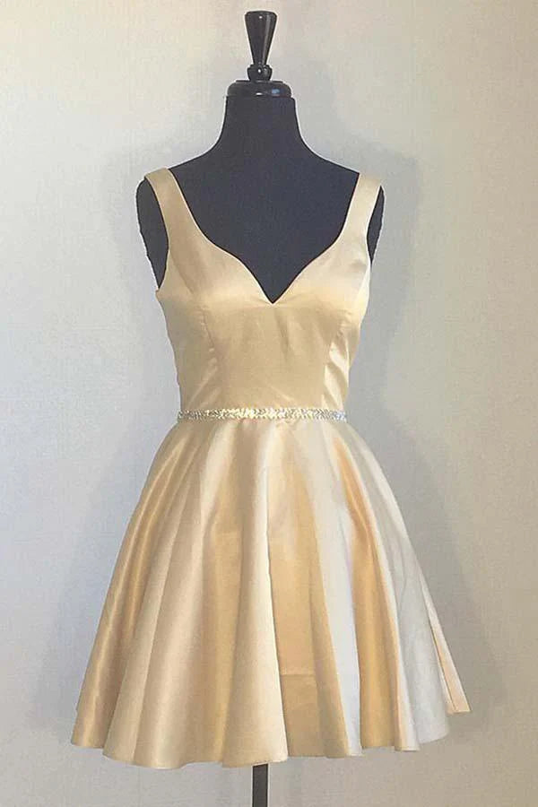 Elegant A-line V-neck homecoming dress with broad straps and delicate beading.