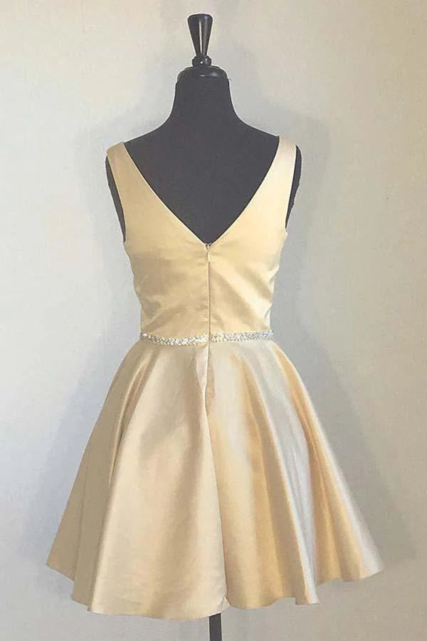 Back view of the knee-length A-line homecoming dress with broad straps.
