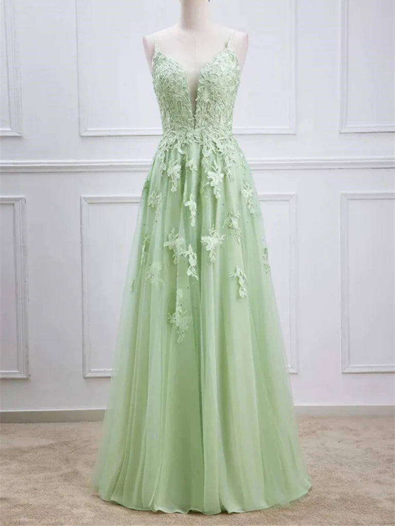 Elegant A-line V-neck long prom dress with intricate beading and lace details.