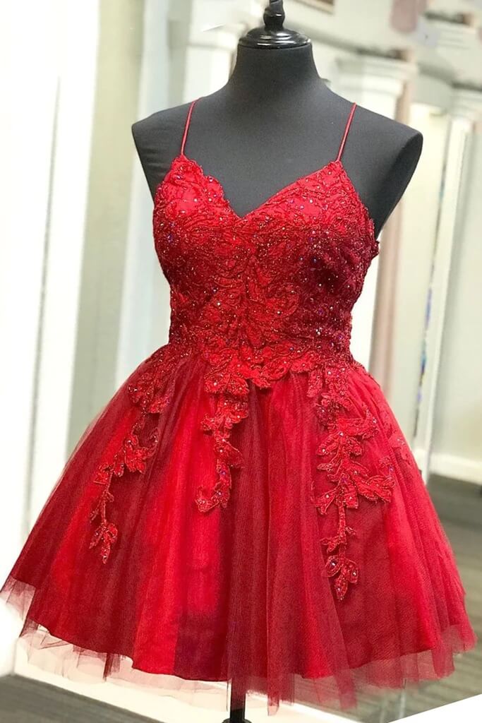 Red A-line lace short V-neck beaded homecoming dress.