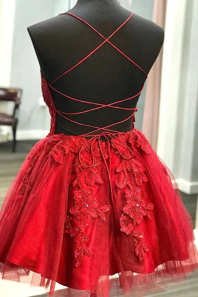 Red A-line lace short V-neck beaded dress with intricate details.