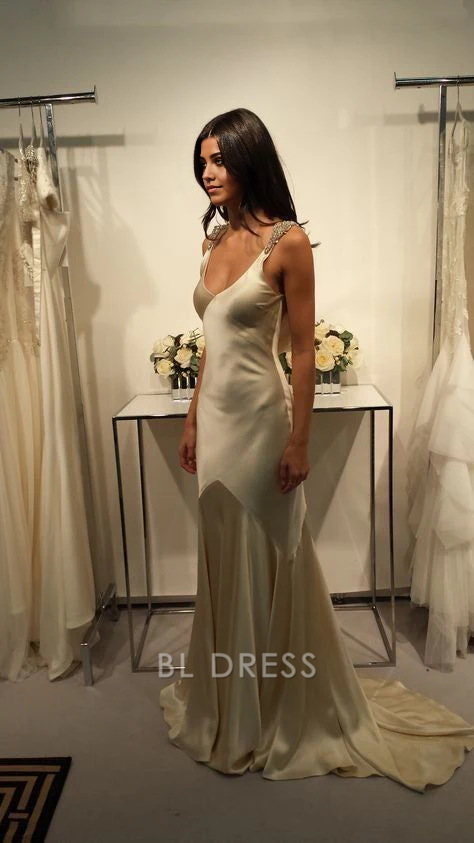 Elegant V-neck A-line satin dress with intricate beading.