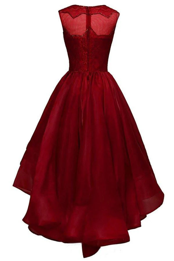 Side view of A-Line organza evening gown with flowing skirt.