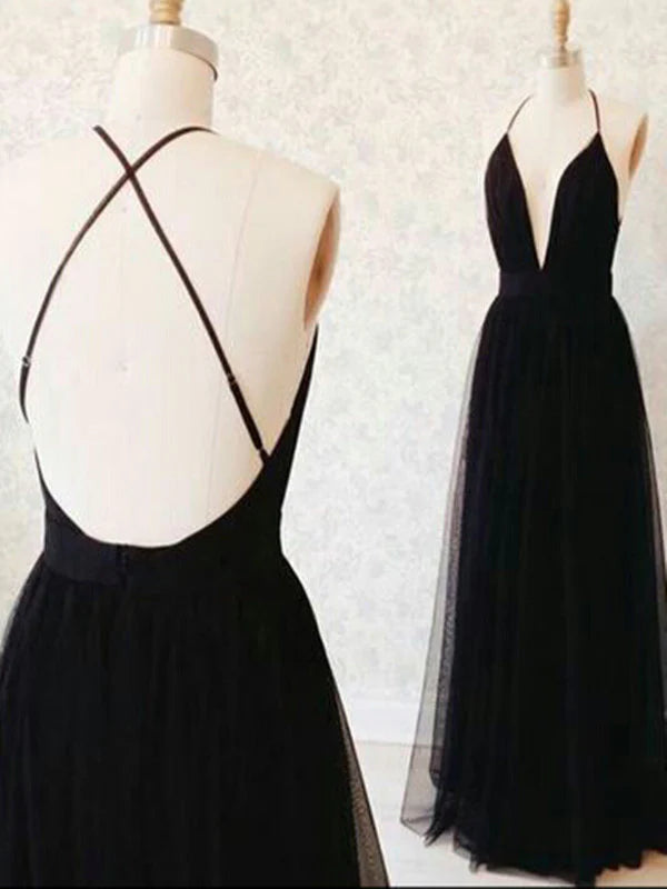 Elegant black A-line V-neck backless formal dress.