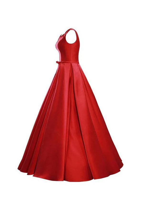Side view of sleeveless V-neck formal gown.