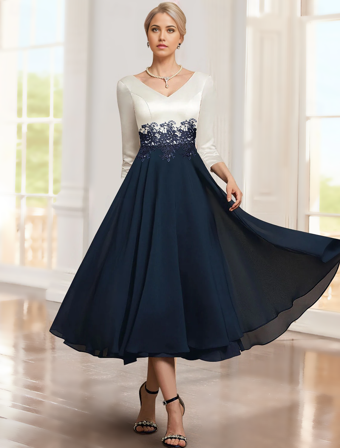 Elegant V-neck tea length Mother of the Bride dress with cap sleeves and matching jacket.