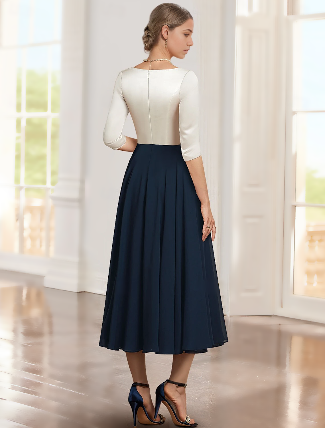 Back view of the elegant tea length Mother of the Bride dress with lace and color block details.