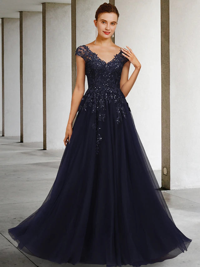 Elegant A-Line Mother of the Bride gown with V-neck, cap sleeves, and sequin appliques.
