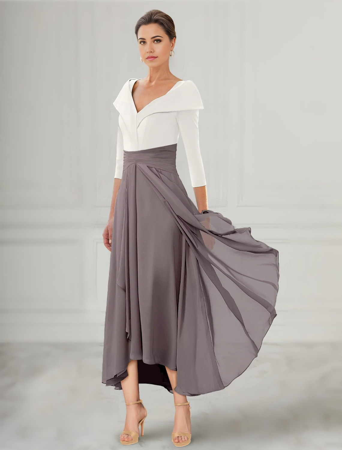 Elegant A-line chiffon Mother of the Bride dress featuring a V-neck and 3/4 sleeves.