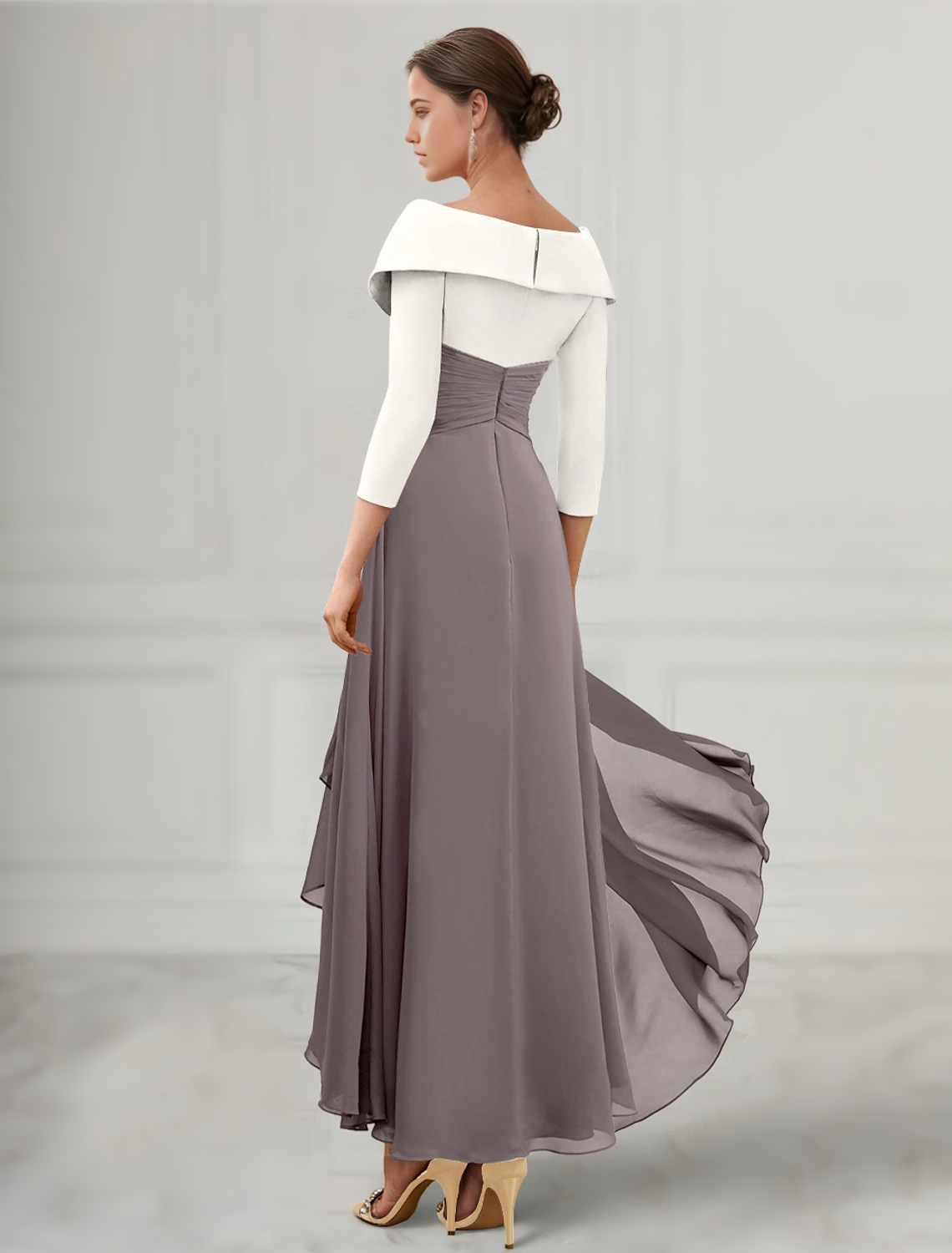A-line Mother of the Bride dress with asymmetrical ankle length hem and delicate pleats.