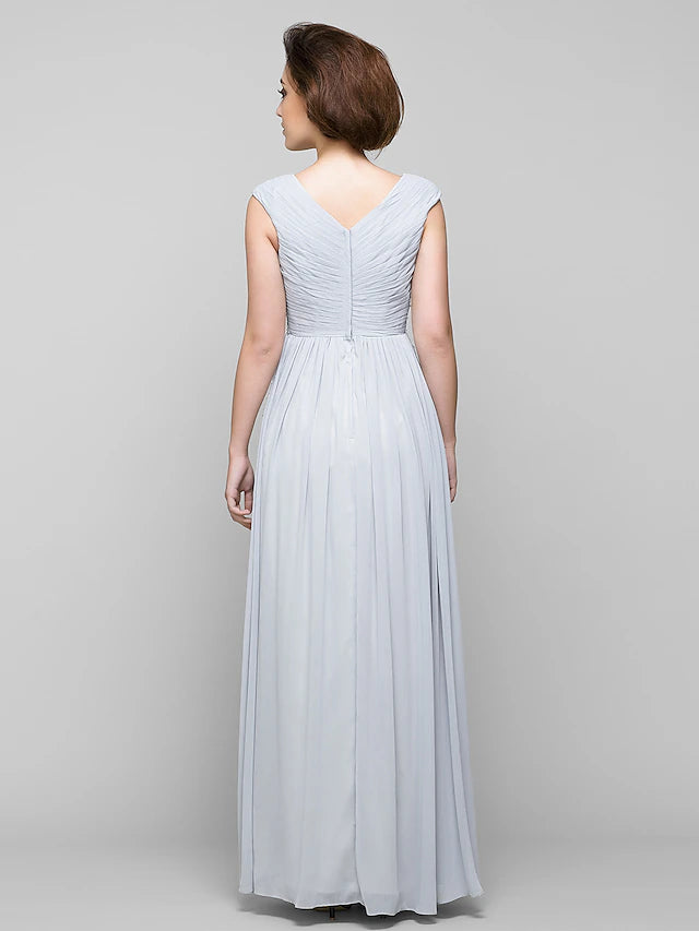 Chiffon A-line gown with V-neck, suitable for formal events.