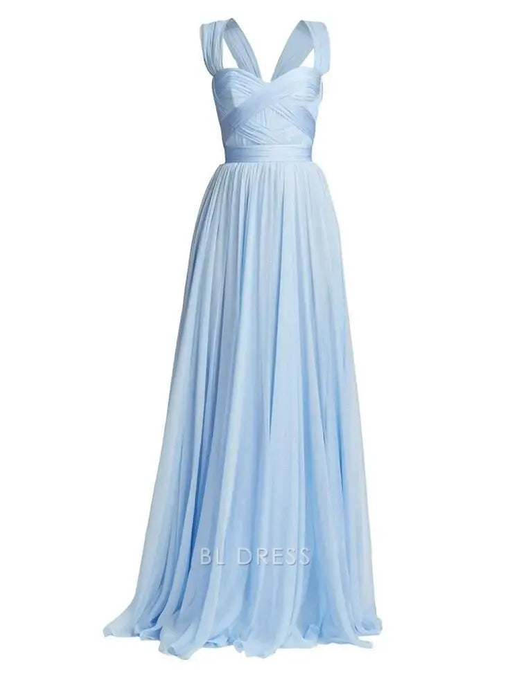 Elegant A-Line V-neck blue chiffon formal dress.