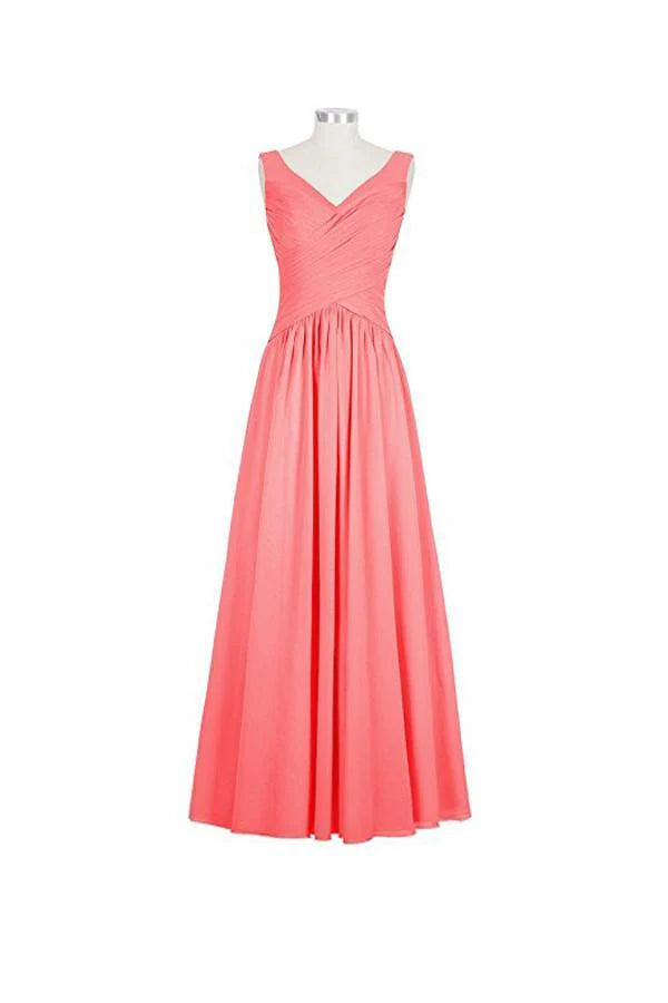 Model wearing an elegant V-neck chiffon bridesmaid dress with spaghetti straps.