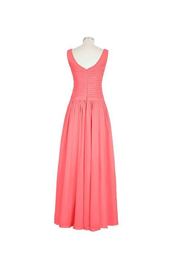 Side view of a model in a long V-neck chiffon bridesmaid dress.