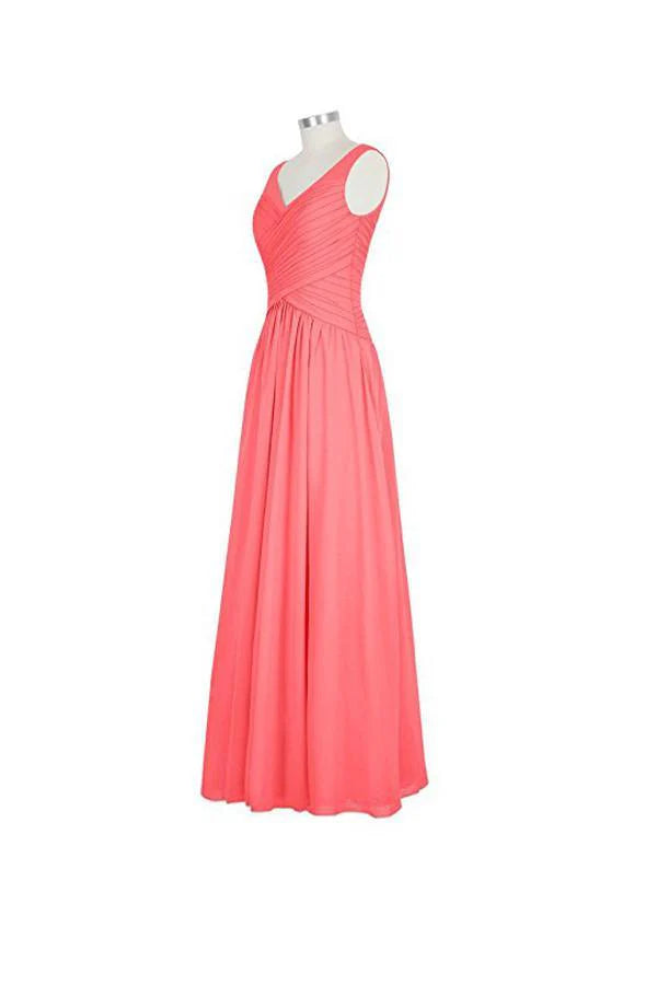 Back view of a model in a flowing V-neck chiffon bridesmaid dress.