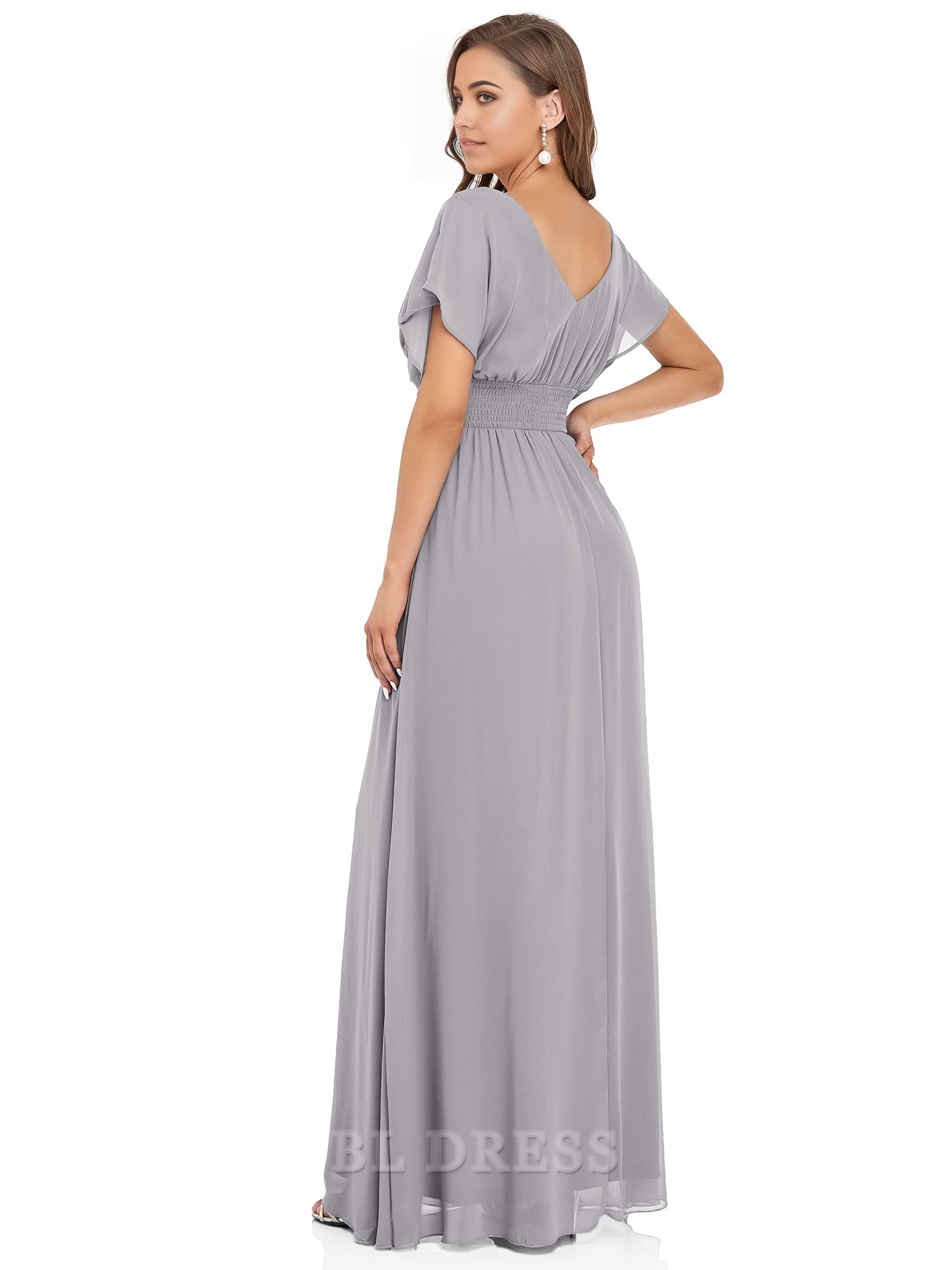 Back view of the flowing chiffon A-line gown, perfect for evening wear.