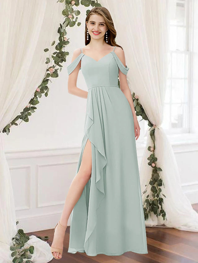 A-Line V-neck chiffon bridesmaid dress with pleats and split front.